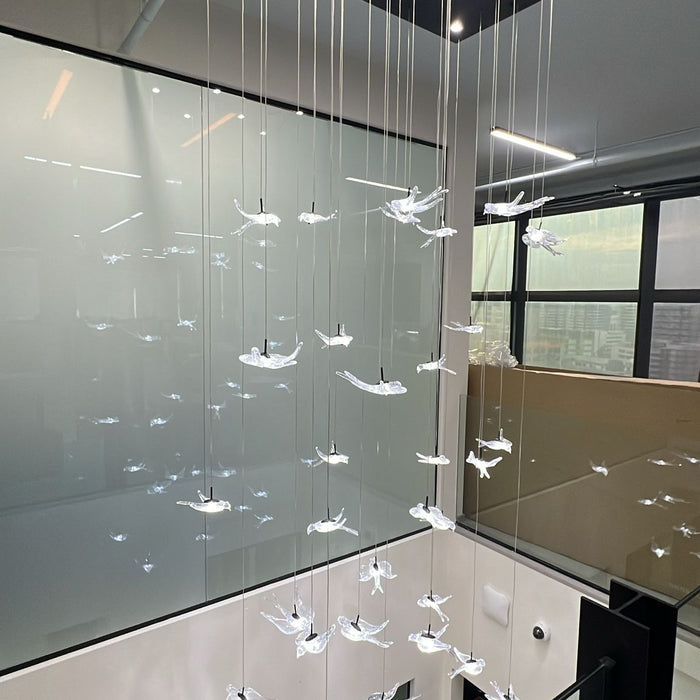 Bird Spiral Long Led Chandelier for Staircase and Foyer - Pink Apple Pte Ltd UBI Office