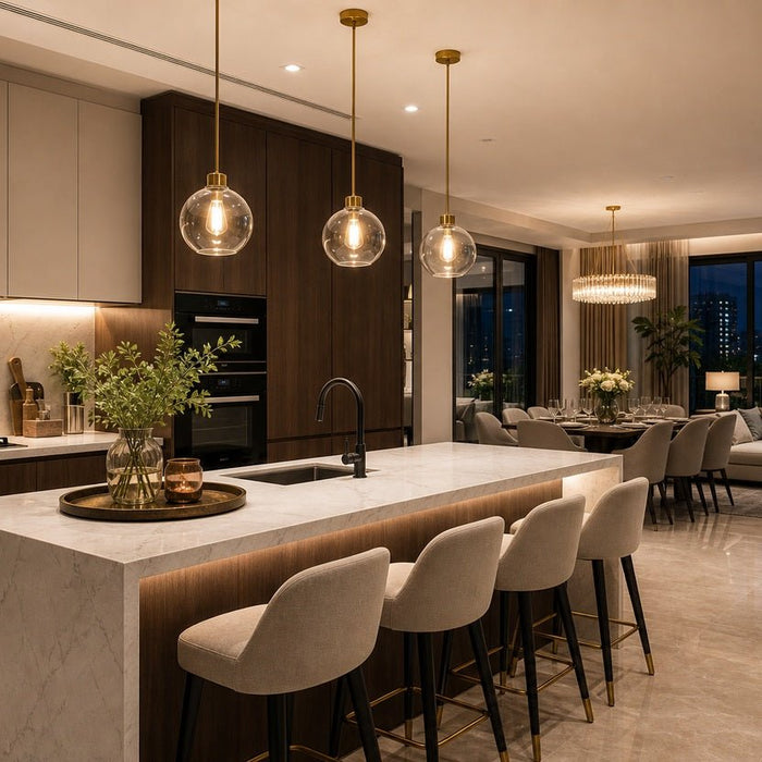 Kitchen island pendant lights installed at practical height and spacing