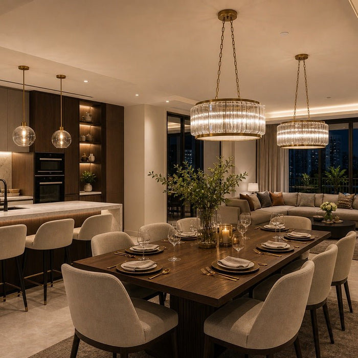 Pendant lights at correct heights over dining table and kitchen island