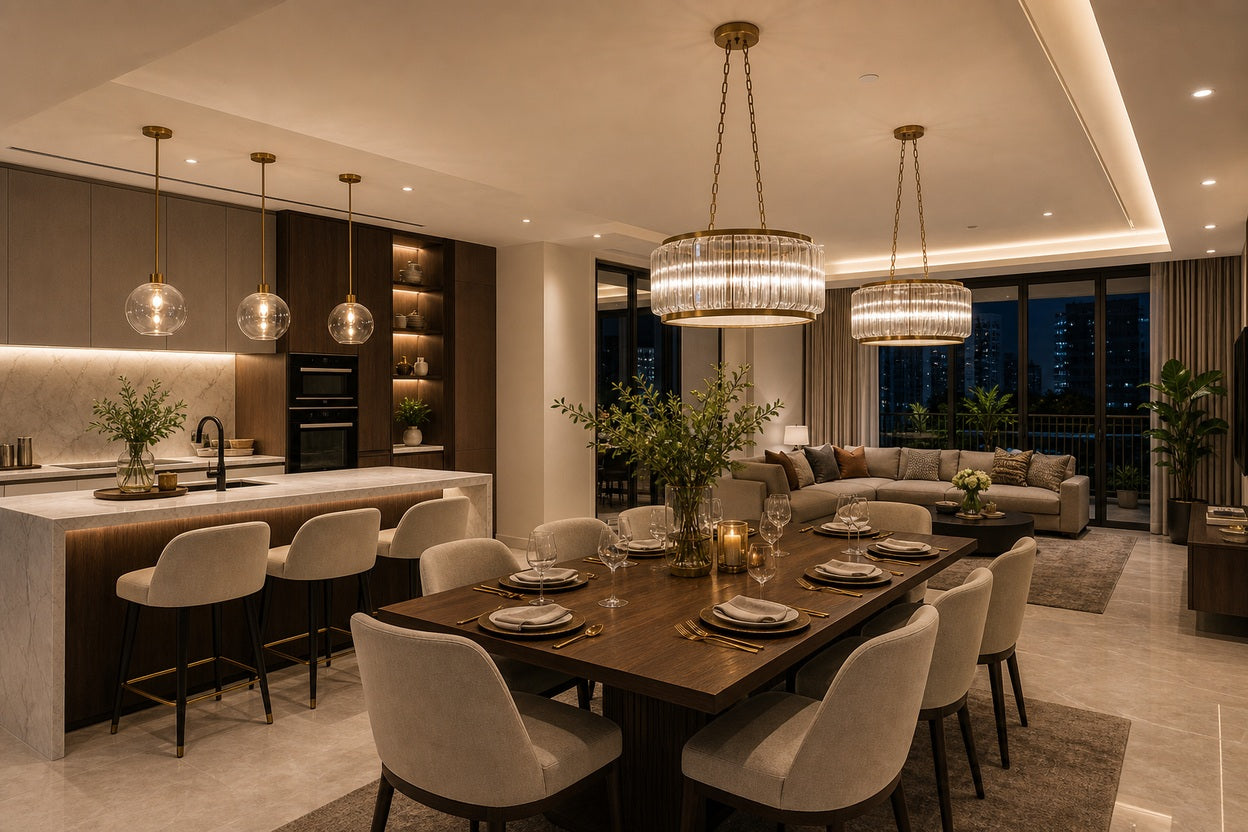 Pendant lights at correct heights over dining table and kitchen island