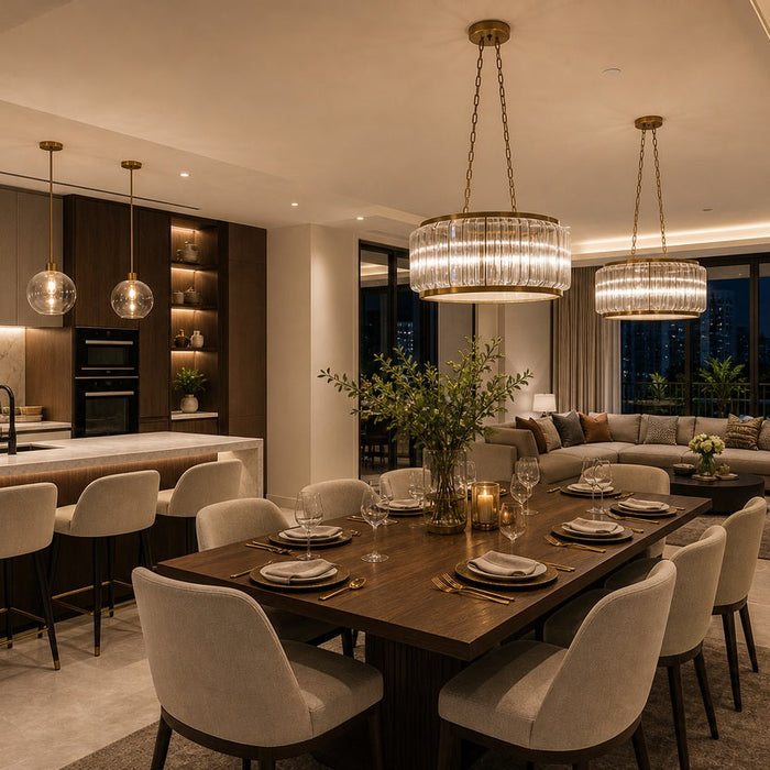 Pendant lights at correct heights over dining table and kitchen island