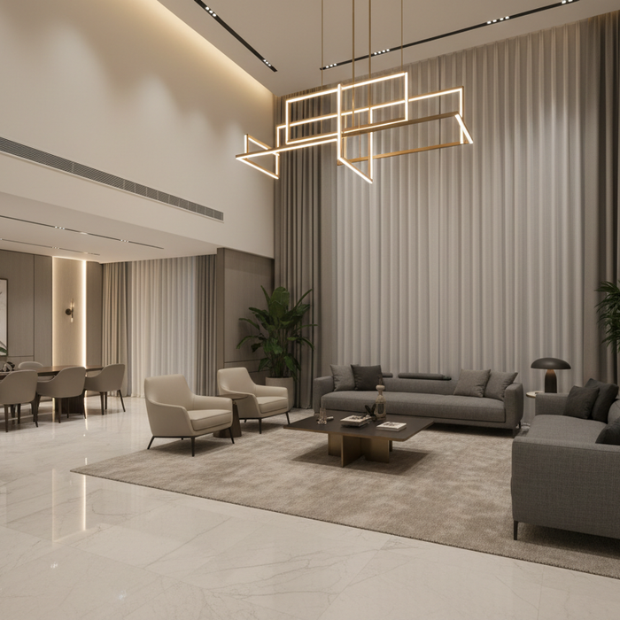 Luxury chandelier in a Singapore double-volume living room with staircase void and warm layered lighting