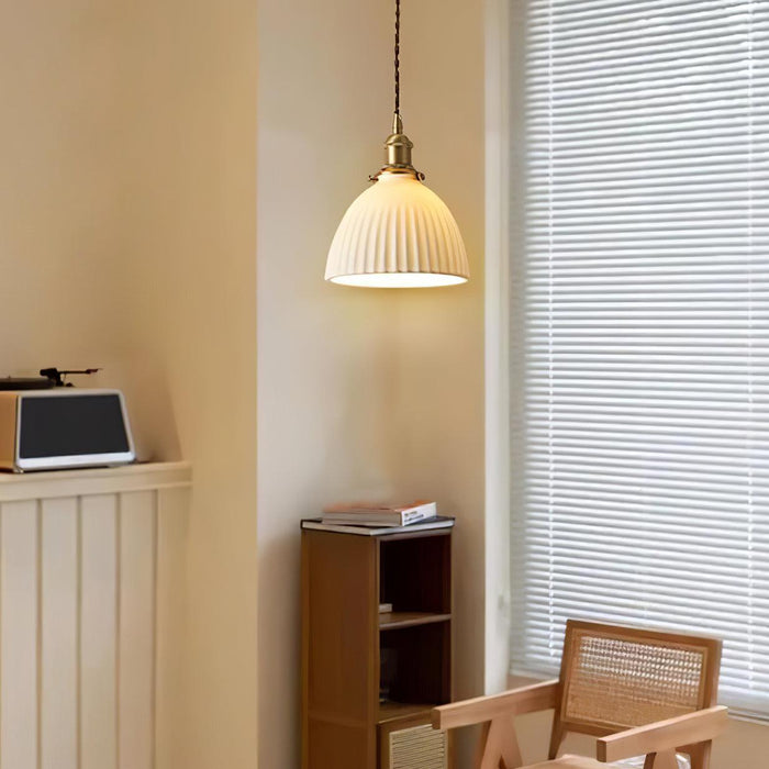 Brass Pleated Ceramic Pendant Lamp-DWHOME