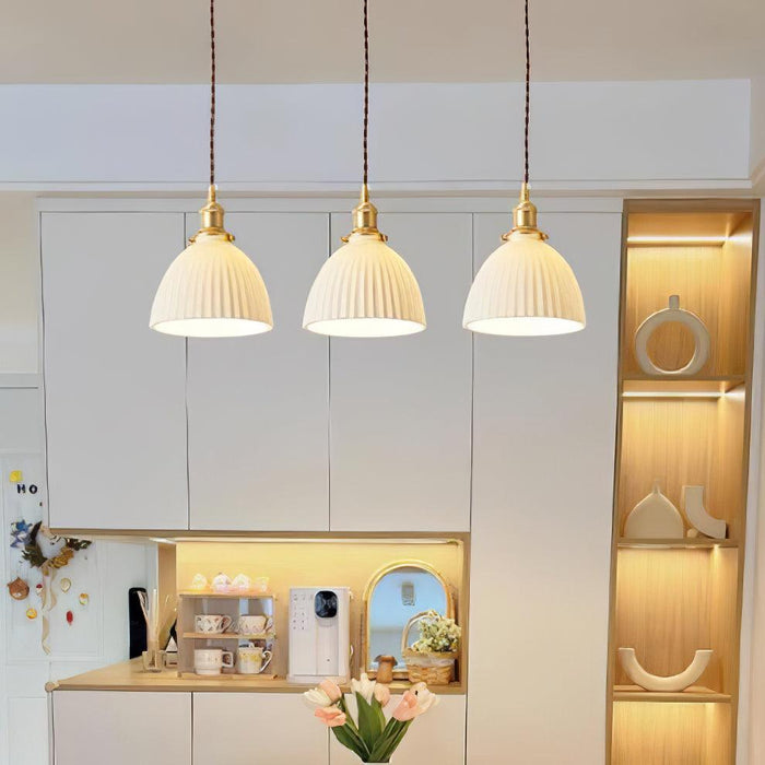 Brass Pleated Ceramic Pendant Lamp-DWHOME