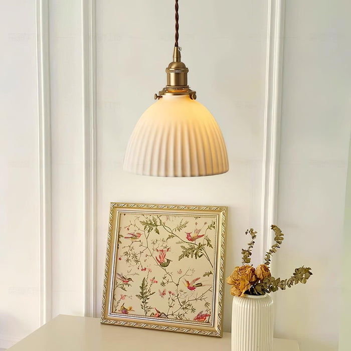 Brass Pleated Ceramic Pendant Lamp-DWHOME
