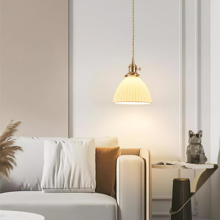 Brass Pleated Ceramic Pendant Lamp-DWHOME
