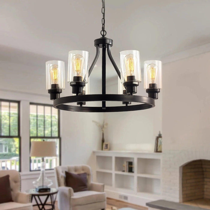 Jeshi 6-Lights Black Iron Wagon Wheel Chandelier - DWHOME