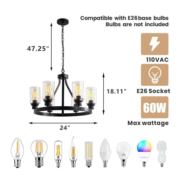 Jeshi 6-Lights Black Iron Wagon Wheel Chandelier - DWHOME