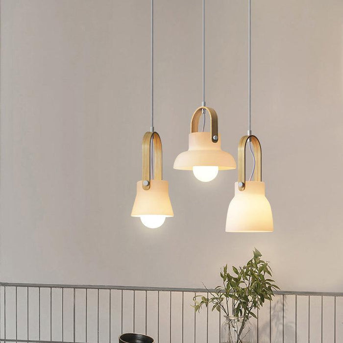 Skandi white milk glass wooden handle pendant light - DWHOME
