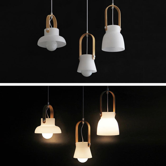 Skandi white milk glass wooden handle pendant light - DWHOME