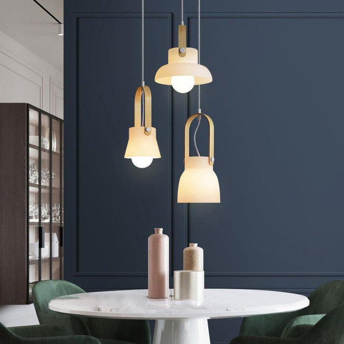 Skandi white milk glass wooden handle pendant light - DWHOME
