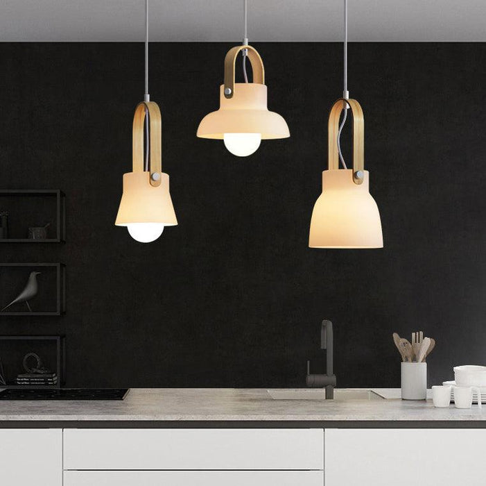 Skandi white milk glass wooden handle pendant light - DWHOME
