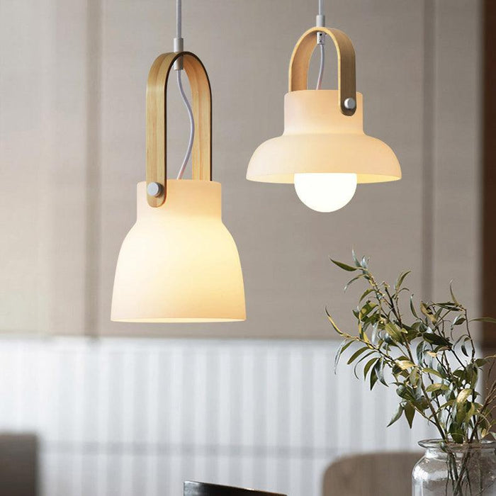 Skandi white milk glass wooden handle pendant light - DWHOME