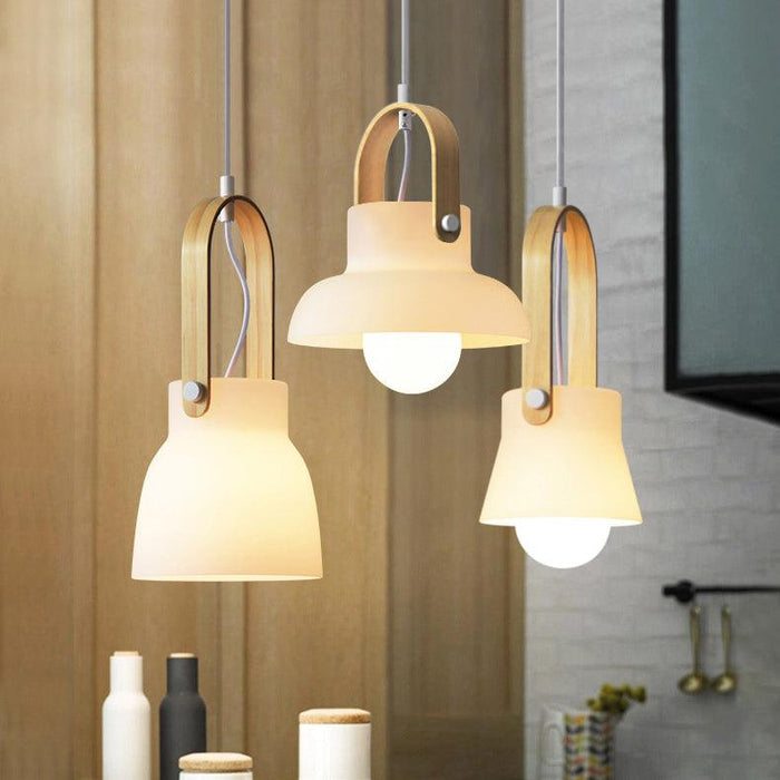 Skandi white milk glass wooden handle pendant light - DWHOME