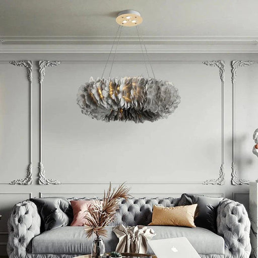 Round Feather Chandelier - White & Pink & Gray & Yellow-DWHOME