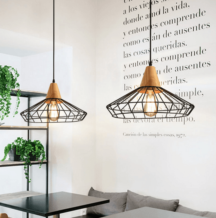 Sangkar Metal Cage Pendant Light With Wooden Base - DWHOME