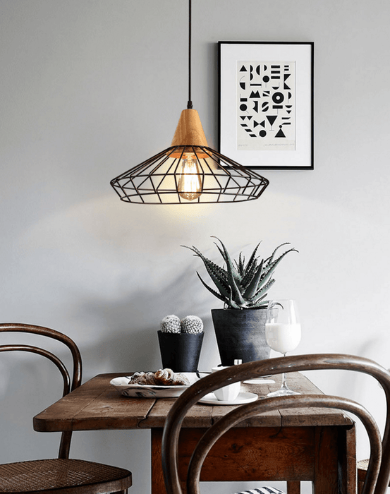 Sangkar Metal Cage Pendant Light With Wooden Base - DWHOME
