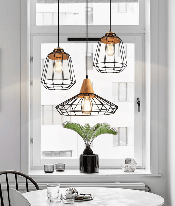 Sangkar Metal Cage Pendant Light With Wooden Base - DWHOME