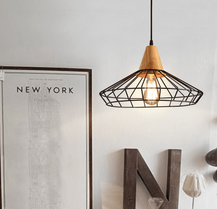 Sangkar Metal Cage Pendant Light With Wooden Base - DWHOME