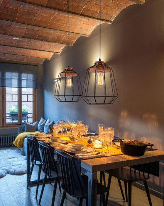Sangkar Metal Cage Pendant Light With Wooden Base-DWHOME