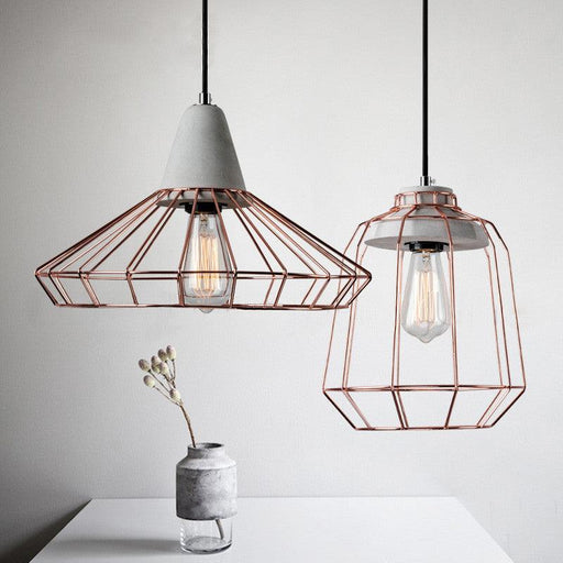 Sangkar Rose copper gold Cage Pendant Light With Concrete Base-DWHOME