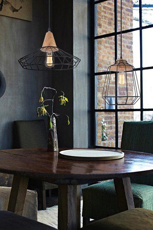 Sangkar Metal Cage Pendant Light With Wooden Base-DWHOME