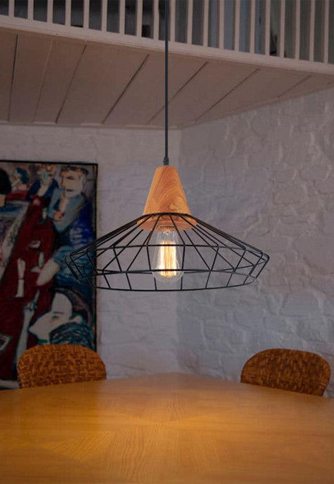 Sangkar Metal Cage Pendant Light With Wooden Base - DWHOME
