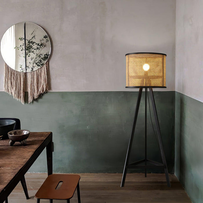 Tripod Wooden Rattan Floor Lamp - DWHOME