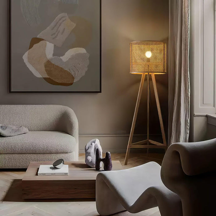 Tripod Wooden Rattan Floor Lamp - DWHOME