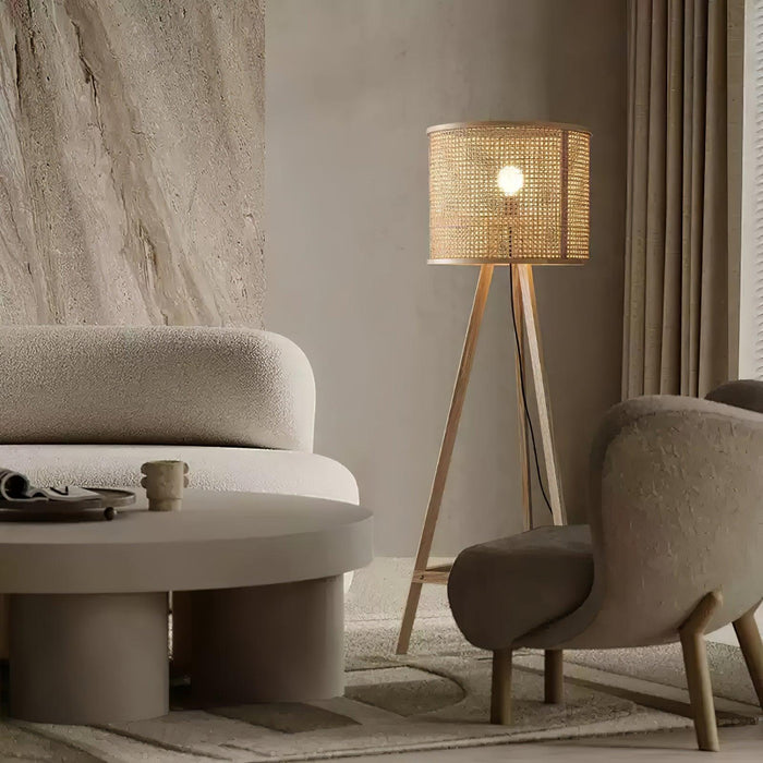 Tripod Wooden Rattan Floor Lamp - DWHOME