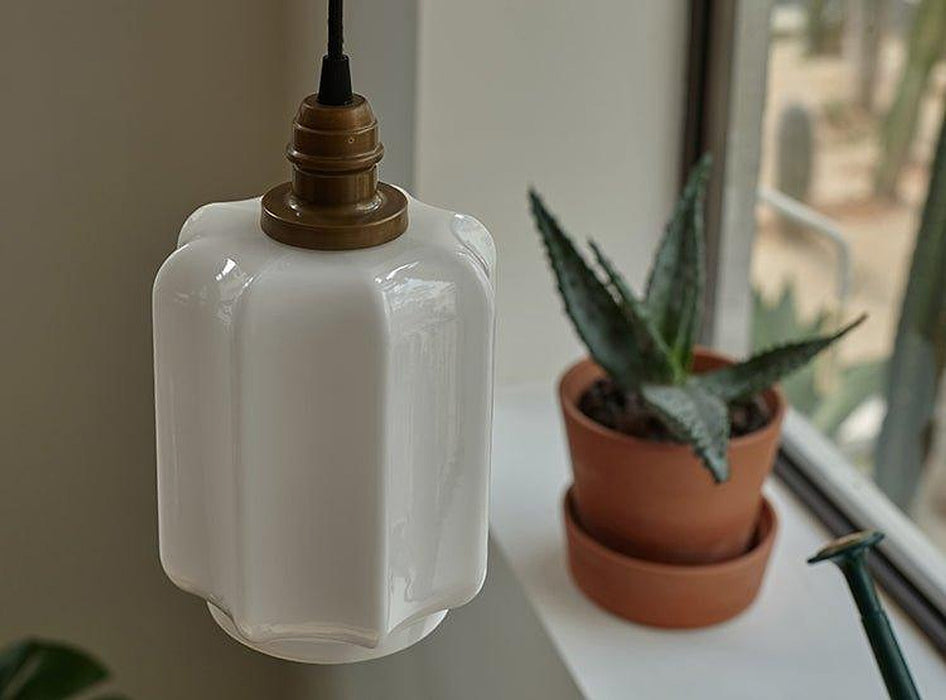 Art Deco Clarice Milk Glass Shade Brass Pendant Light-DWHOME
