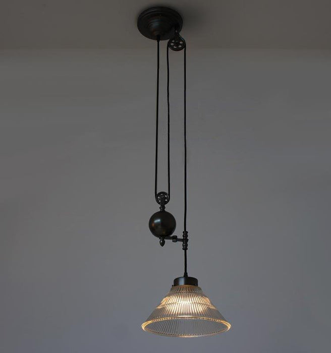 Bennet Ribbed Glass Shade Pulley Industrial Pendant Light - DWHOME