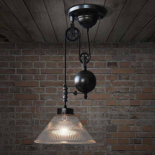 Bennet Ribbed Glass Shade Pulley Industrial Pendant Light-DWHOME