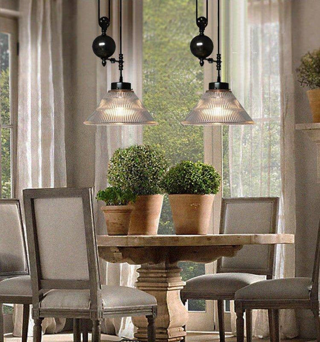 Bennet Ribbed Glass Shade Pulley Industrial Pendant Light - DWHOME