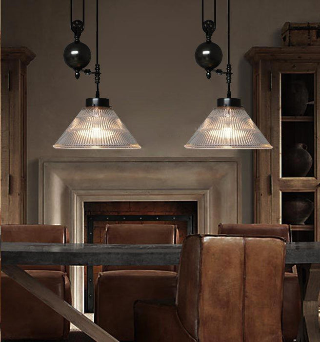Bennet Ribbed Glass Shade Pulley Industrial Pendant Light - DWHOME