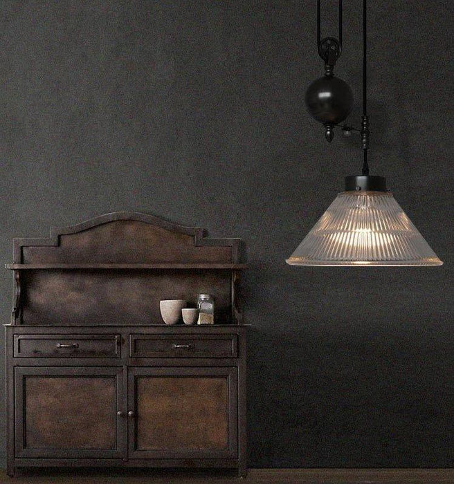 Bennet Ribbed Glass Shade Pulley Industrial Pendant Light - DWHOME