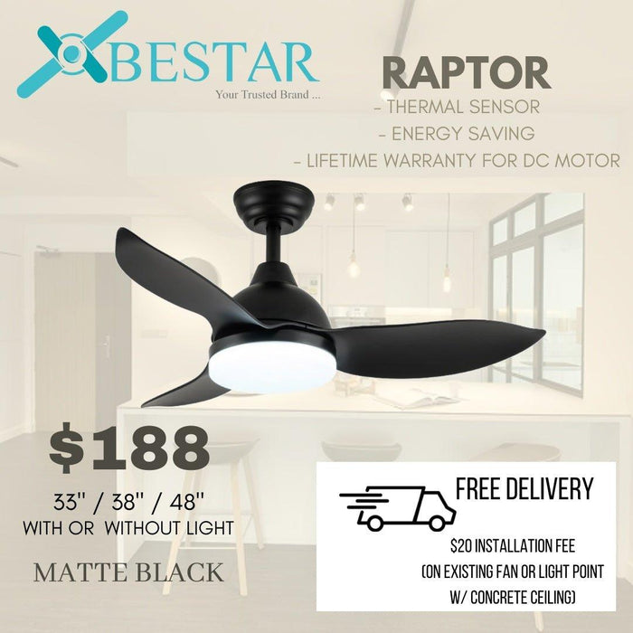 Bestar Raptor ceiling fan with light 33/38/48 inch dc motor with 3 tone led light and remote control - DWHOME