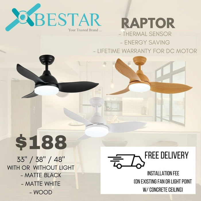 Bestar Raptor ceiling fan with light 33/38/48 inch dc motor with 3 tone led light and remote control - DWHOME