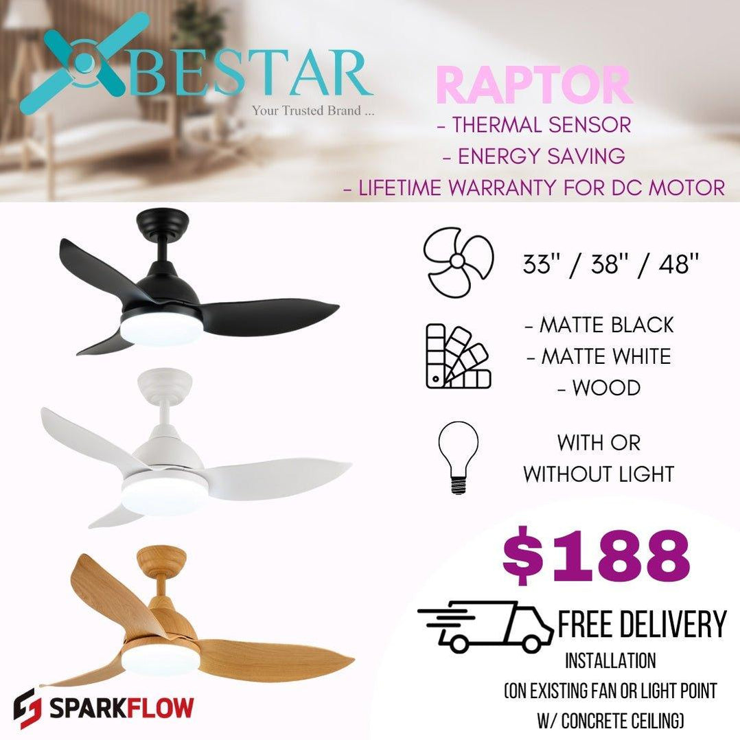 Bestar Remote Control Bestar Raptor ceiling fan with light 33/38/48 inch dc motor with 3 tone ...