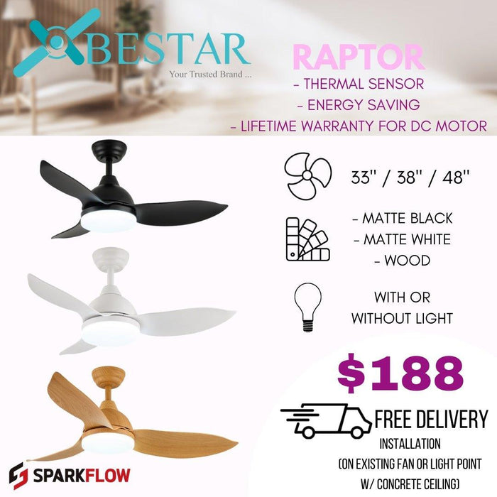 Bestar Raptor ceiling fan with light 33/38/48 inch dc motor with 3 tone led light and remote control - DWHOME