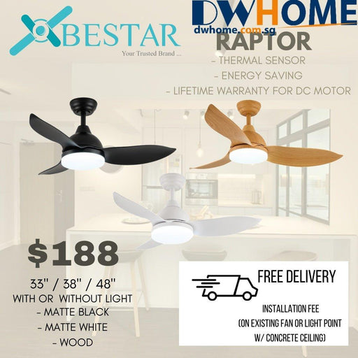 Bestar Raptor ceiling fan with light 33/38/48 inch dc motor with 3 tone led light and remote control - DWHOME