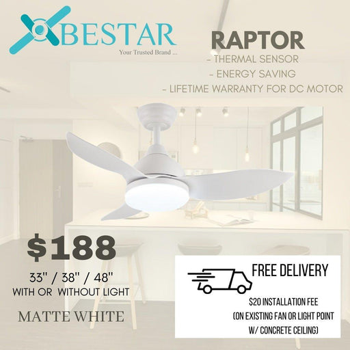 Bestar Raptor ceiling fan with light 33/38/48 inch dc motor with 3 tone led light and remote control - DWHOME