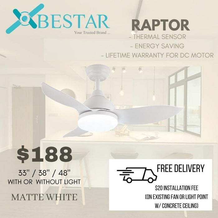 Bestar Raptor ceiling fan with light 33/38/48 inch dc motor with 3 tone led light and remote control - DWHOME