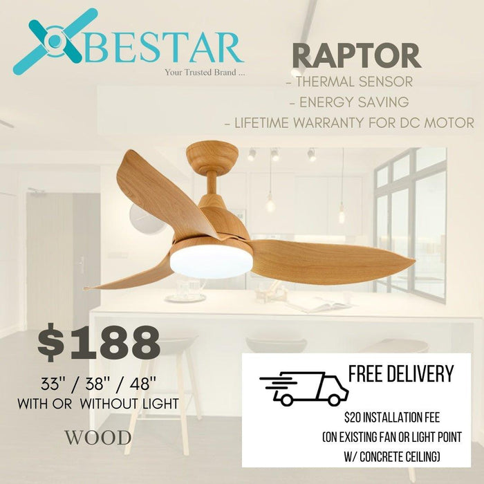 Bestar Raptor ceiling fan with light 33/38/48 inch dc motor with 3 tone led light and remote control - DWHOME