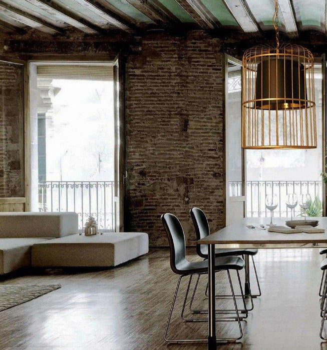Brass Colour Bird Cage With Black Shade Pendant Light - DWHOME