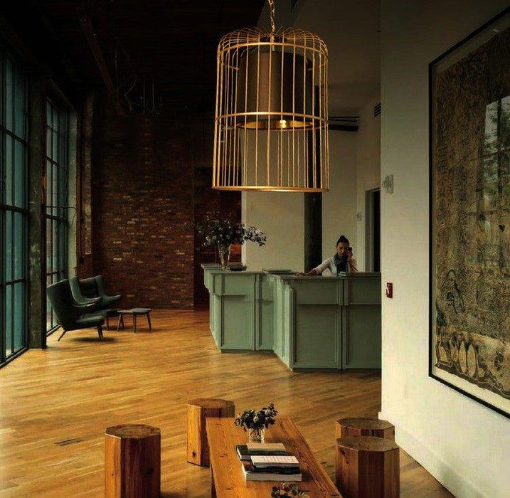 Brass Colour Bird Cage With Black Shade Pendant Light - DWHOME