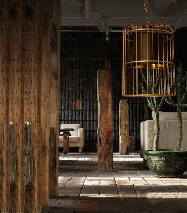 Brass Colour Bird Cage With Black Shade Pendant Light - DWHOME