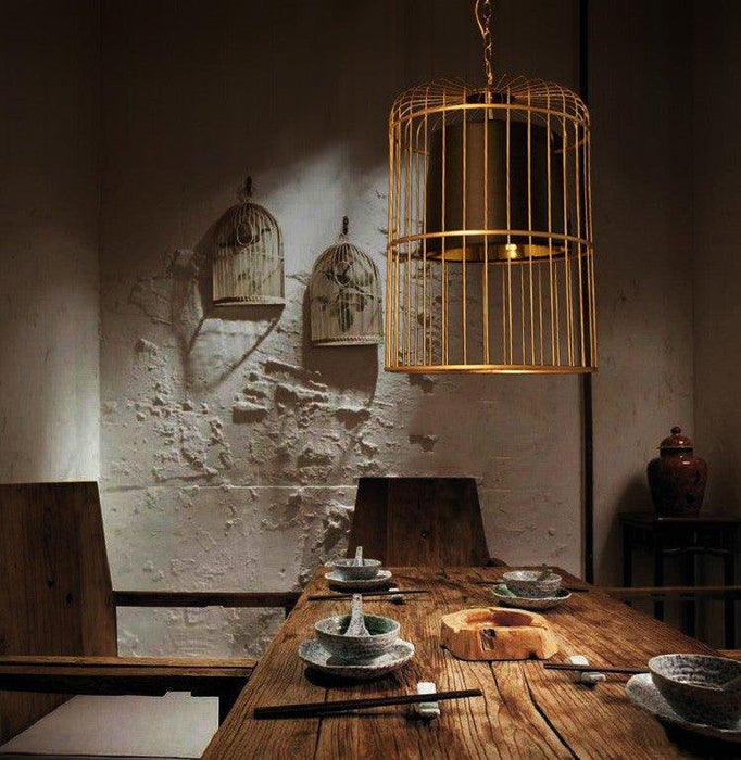 Brass Colour Bird Cage With Black Shade Pendant Light - DWHOME