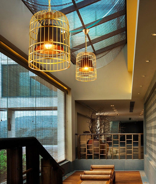 Brass Colour Bird Cage With Black Shade Pendant Light - DWHOME