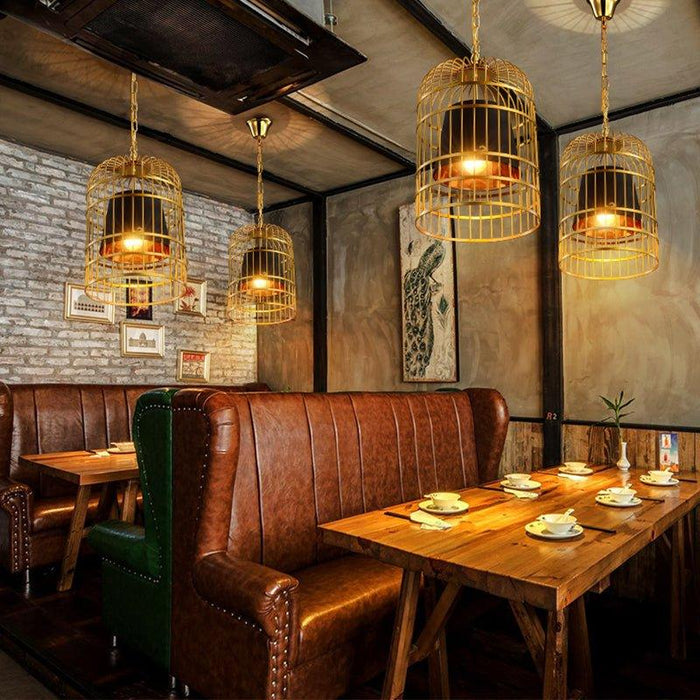 Brass Colour Bird Cage With Black Shade Pendant Light - DWHOME